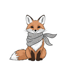 Obraz premium A cute fox wearing a cozy grey scarf in a winter forest scene.