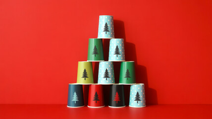 A minimalist Christmas-themed composition featuring a pyramid of stacked paper cups on a solid red background.