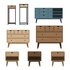 Collection of mid century modern wooden furniture pieces including dressers and cabinets.