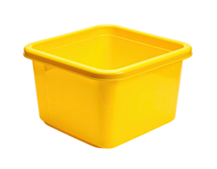 Bright yellow square plastic container, empty, sits isolated against a black background