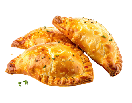 Golden baked savory pastries, with crimped edges and a dusting of herbs