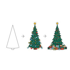 Obraz premium A step-by-step guide to drawing a festive Christmas tree with presents.