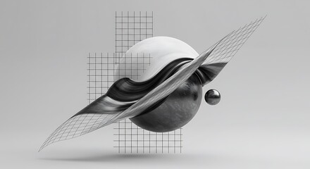 Abstract monochrome 3D rendering of a planet with rings and grid overlay