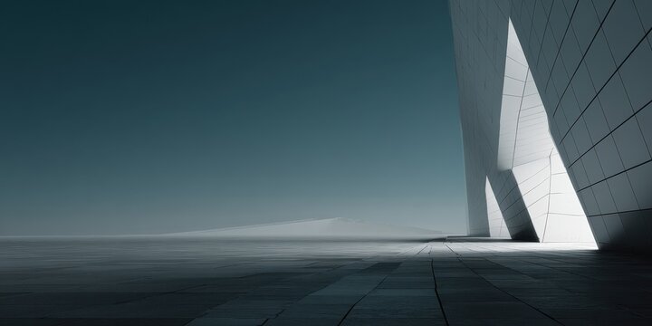 Minimalist Architectural Structure in Desolate Landscape with Stark Lighting