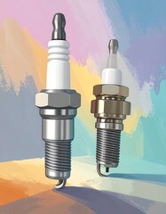 Two spark plugs rendered realistically on a colorful abstract background
