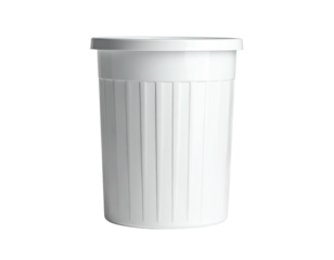 Vertical view of a white, cylindrical container with a ridged body and lid