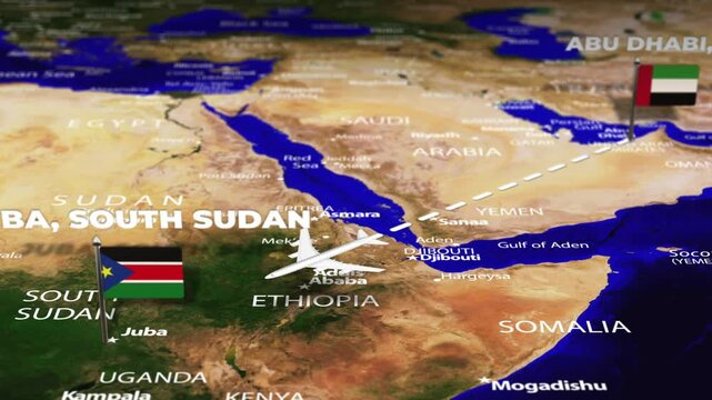 Flight from Abu Dhabi UAE to Juba SOUTH SUDAN with flag pins