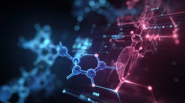 Vivid representations of molecular structures fill the screen, showcased in blue and pink colors against a dark digital backdrop, symbolizing scientific discovery.