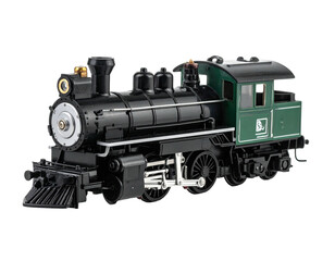 Obraz premium Miniature black and green steam engine model, isolated against a dark background