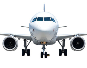 Naklejka premium Front view of a white passenger jet on the ground, isolated on black