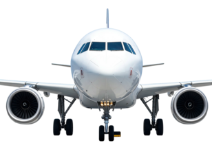 Front view of a white passenger jet on the ground, isolated on black