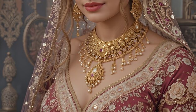 indian bride in lehenga choli and gold jewelry