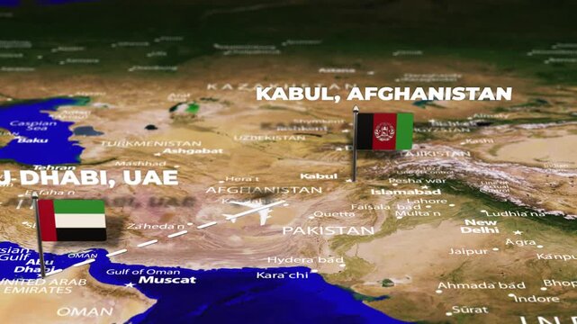 Flight from Abu Dhabi UAE to Kabul AFGHANISTAN with flag pins