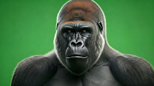 Powerful Silverback Gorillas Intense Gaze and Dynamic Presence on Vibrant Green Screen Background.