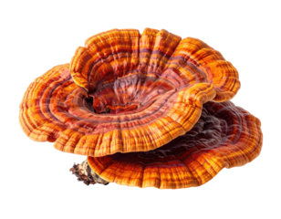 Close-up of a bracket fungus with rich orange and brown concentric rings