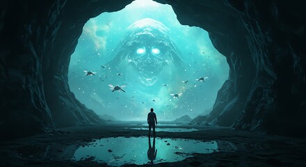 A lone figure stands at the entrance of a cave, facing a massive, glowing entity in a surreal, otherworldly landscape.