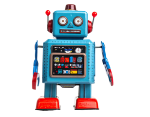 Vintage-style blue robot with red accents, standing upright against a black background