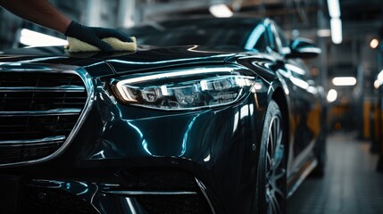 Close Up Of Hand Detailing Dark Glossy Luxury Car
