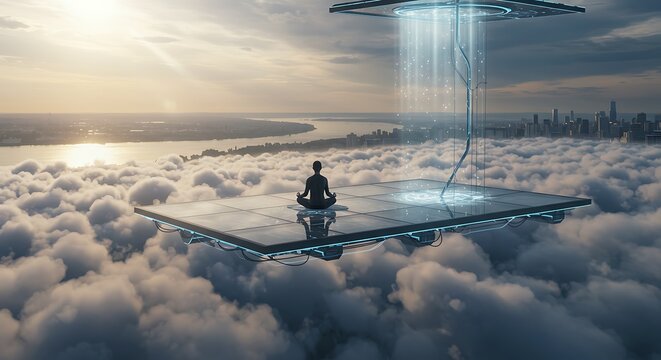 Person meditating on a floating platform above clouds with a city skyline in the distance