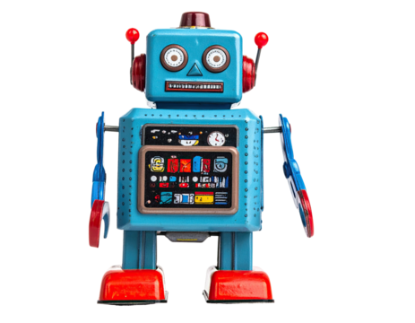 Vintage-style blue robot with red accents, standing upright against a black background
