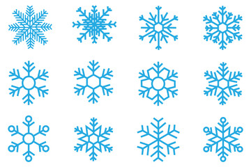 Blue Snowflake Icon Set – Winter Decoration, Flat & Line Art Vector Collection with Swirl, Glow, and Pattern Styles