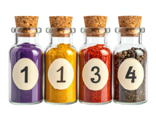 Four small glass jars with colored powders, labeled, and cork-stoppered