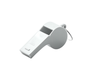 A white plastic whistle isolated on black. Features a loop and sound chamber