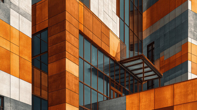 Modern building facade with geometric orange and grey panels and glass windows