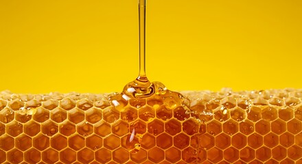 Honey dripping from a honeycomb against a yellow background
