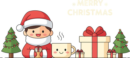 Cute Santa Claus Boy with Hot Drink and Christmas Gifts among Decorated Trees Vector Illustration for Holiday Season 