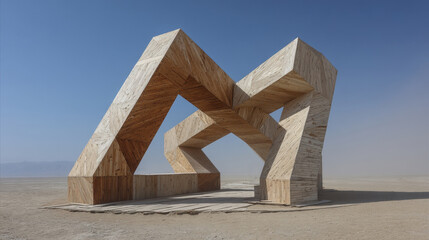 Impossible architectural wooden geometric structure in a desert landscape