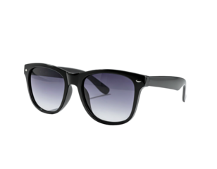 Classic black-framed sunglasses with gradient lenses against a stark black background