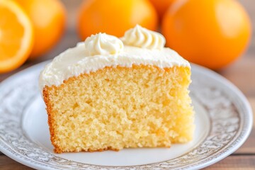 A decadent slice of orange poke cake sits elegantly on a plate, garnished with frosting and surrounded by fresh oranges, inviting indulgence