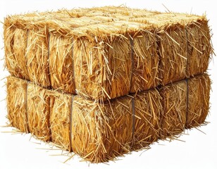 Two bales of golden straw stacked on a white background