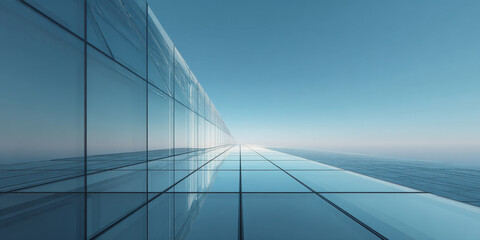 Expansive modern glass architecture with reflective surfaces under blue sky.