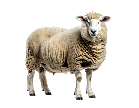 A fluffy, white sheep stands against a transparent background, facing the viewer