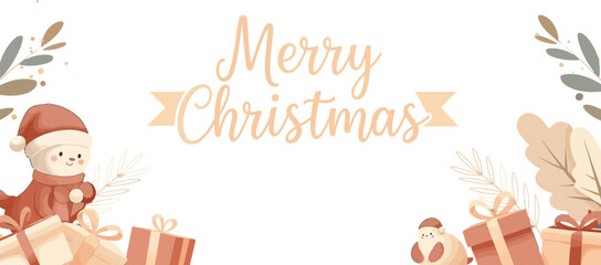 Christmas holiday greeting card with teddy bear and gift boxes in soft beige and brown colors 