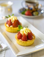 Two strawberry tarts on a white platter