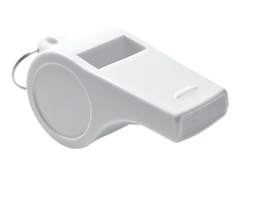 A white, plastic whistle with a metal ring, isolated against a black backdrop