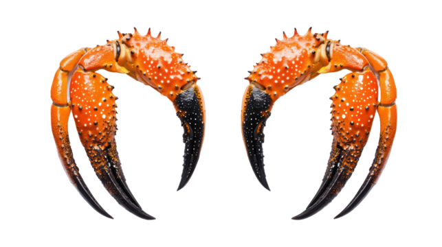 Two vibrant orange and black crab claws, isolated on a white background, showcasing their detailed texture and sharp pincers.