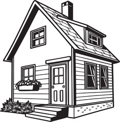 Charming black and white vector illustration of a small cozy house