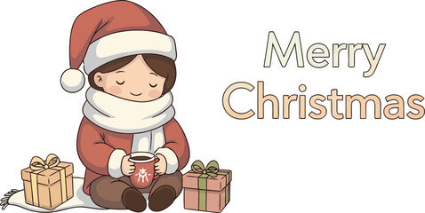 Cute Child Wearing Santa Hat Sitting with Christmas Gifts and Merry Christmas Text Holiday Celebration Illustration 