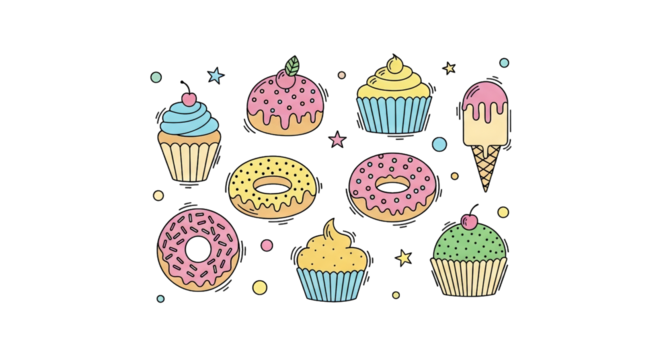 Colorful assortment of cupcakes, donuts, and an ice cream cone displayed against a dark background. - Powered by Adobe
