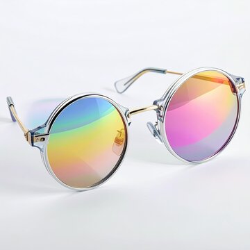 Round iridescent sunglasses on a white surface