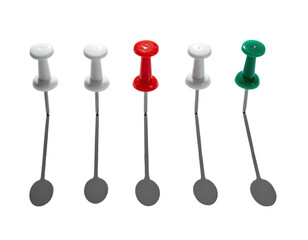 Five colorful push pins cast shadows against a black background