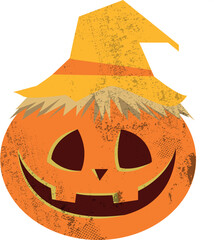 Vector illustration of a smiling Halloween pumpkin with a rustic witch hat. Grunge texture adds a vintage touch. Perfect for seasonal, spooky, and festive design projects.