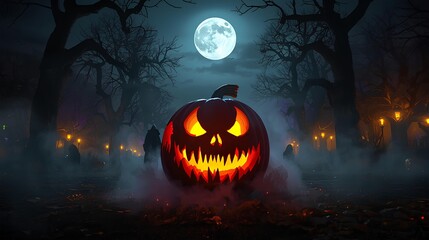 Halloween Pumpkin Monster with Glowing Ghost Carving, Gothic Atmosphere, Full Moon Night &mdash; Generative AI