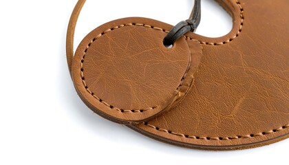 Two tan leather tags with stitching