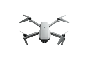 Compact, silver drone with four propellers suspended against a stark black background