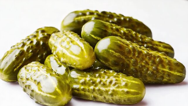 A stack of pickles resting on a clean, white background